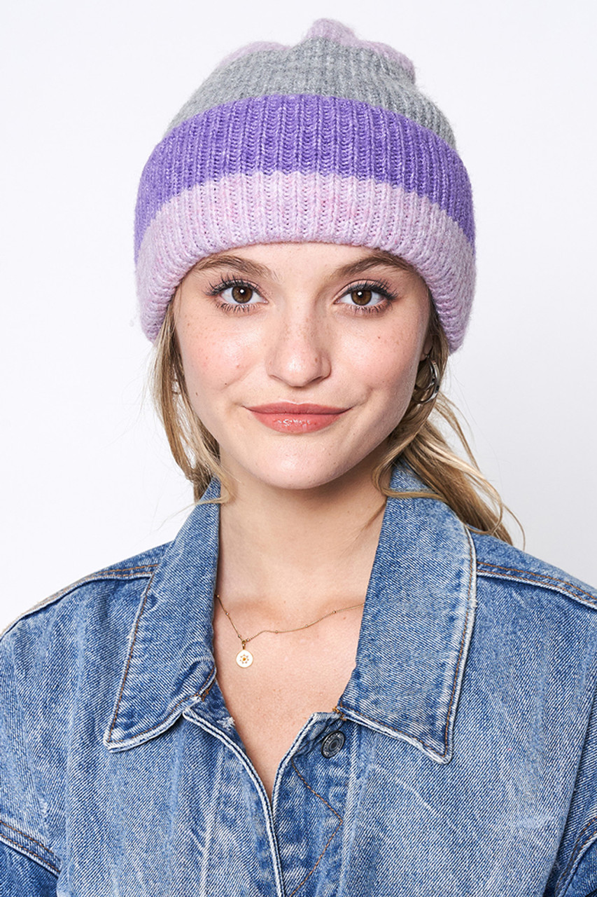 【IONSEOUL】P stripe KNIT (3color) 4JH441 Stripe Color Block Ribbed Beanie-HCB320039 - HANA WHOLESALE