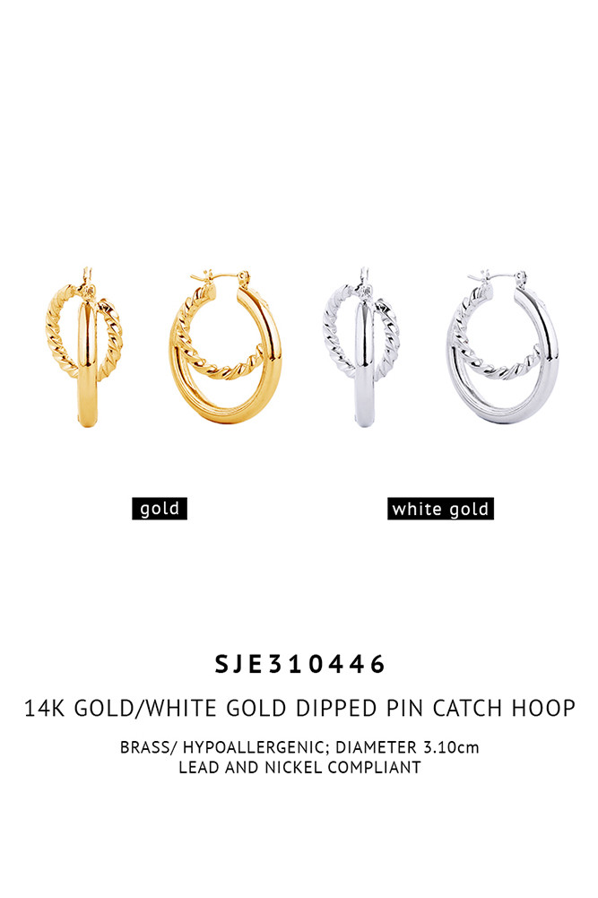 14K Gold/White Gold Dipped Pin Catch Hoop-SJE310446 - HANA WHOLESALE