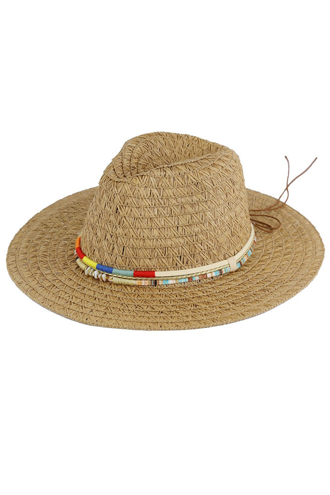 Multi Color Stripe Band Straw Hat: Taupe