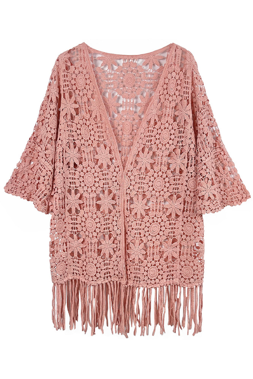 Solid Pattern Crochet Cardigan-WLC410046 - HANA WHOLESALE