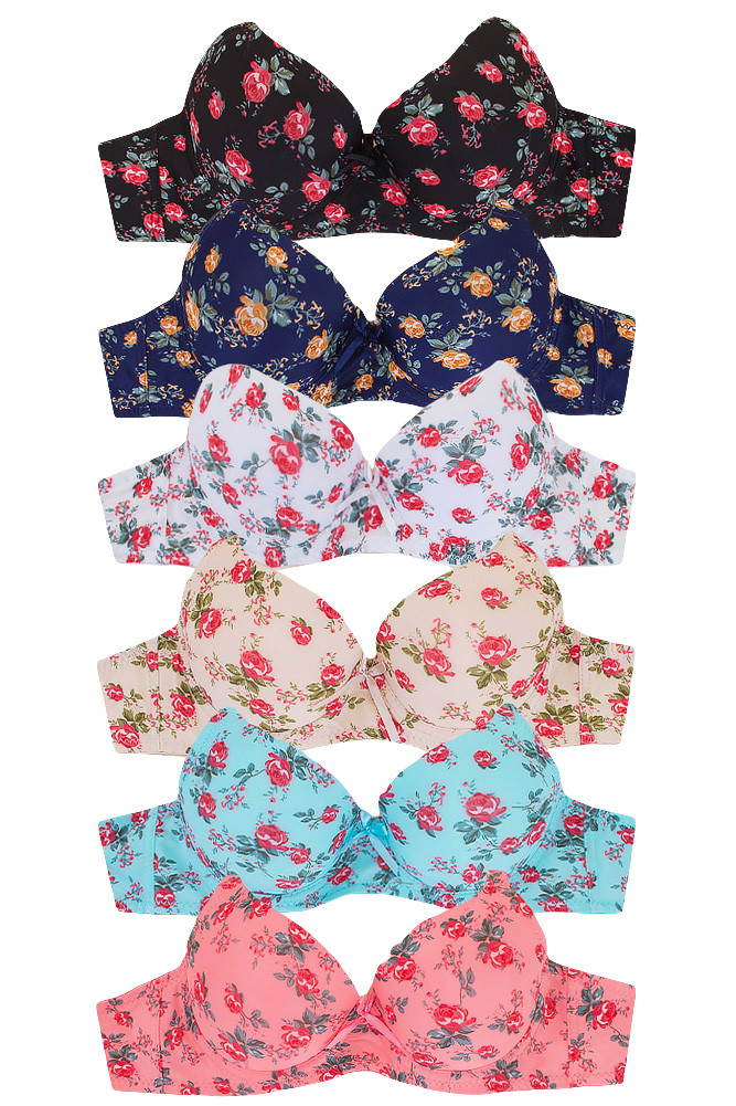 6pcs Rose Pattern Print D Cup Bra-6693D (6pcs) - HANA WHOLESALE