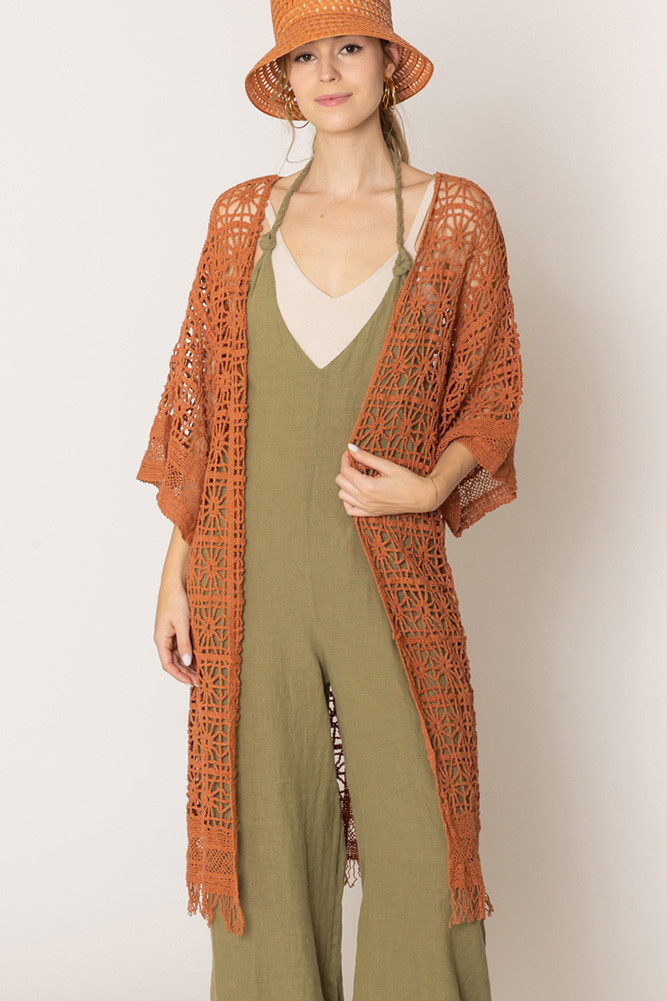 Solid Color Crochet Cardigan-WLC410043 - HANA WHOLESALE