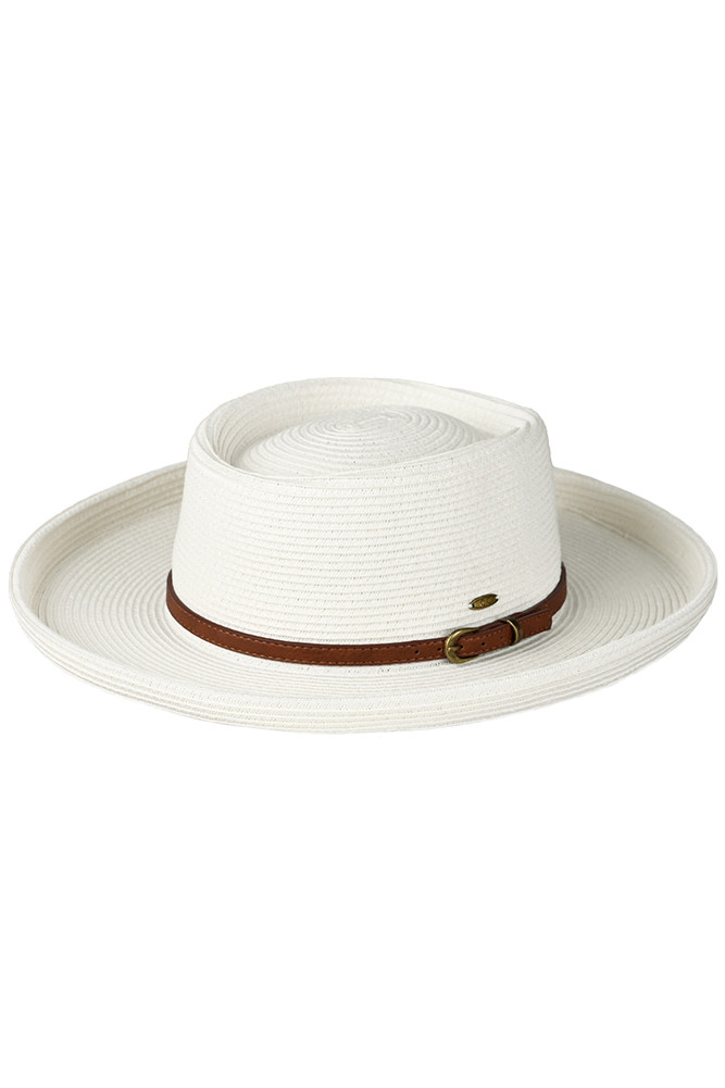 Vegan Leather Trim Boater Hat-STH0031 HANA WHOLESALE