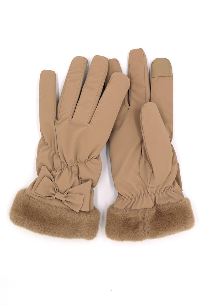 Bow and Faux Fur Cuff Fleece Smart Touch Gloves-MG0076 - HANA