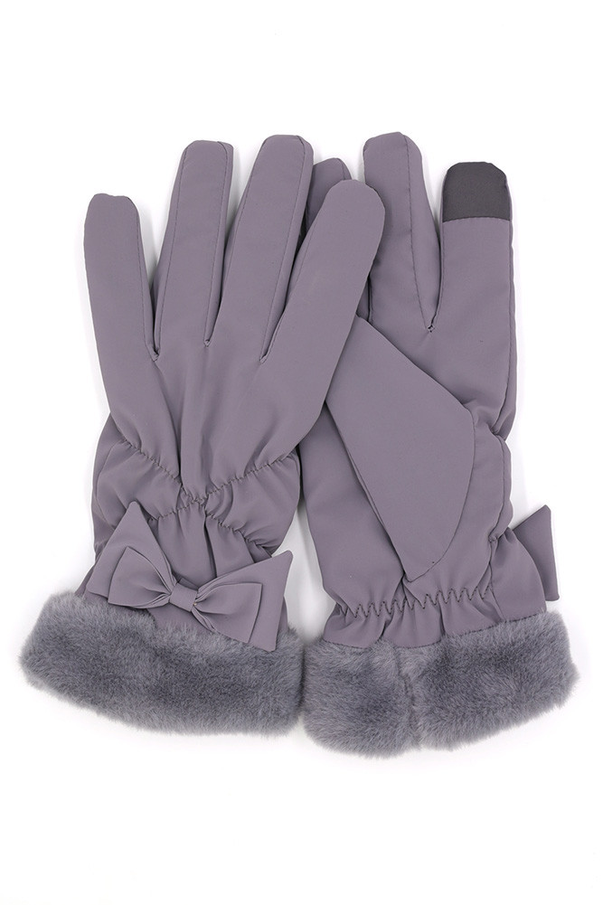 Bow and Faux Fur Cuff Fleece Smart Touch Gloves-MG0076 - HANA