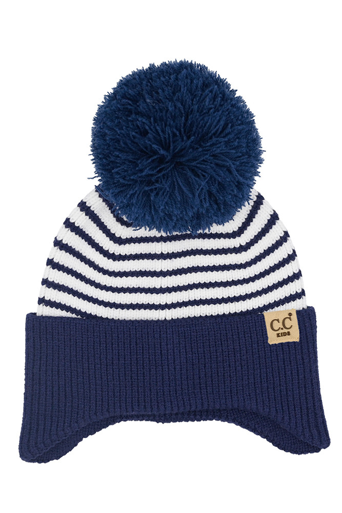 Kids Stripe Earflap Yarn Pom Beanie Winter Hat-KD-HTC0097 - Main Image