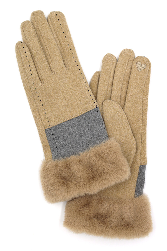 Two Tone and Stitch Lines Faux Fur Gloves-MG0079 - HANA WHOLESALE