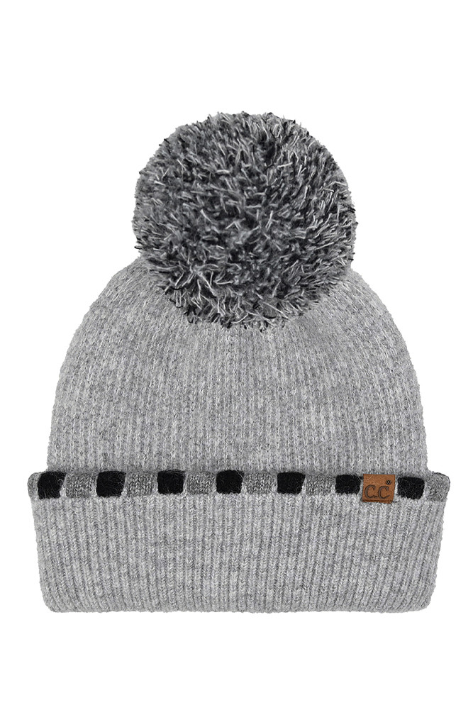 C.C Neutral Horizontal Stripe Cuffed Pom Beanie-HTE0121 - HANA