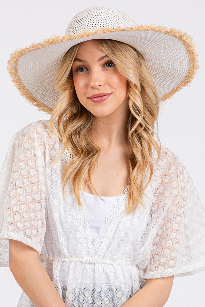 Frayed Edge Two Tone Floppy Summer Straw Hat -MH0221 - HANA  display picture 1
