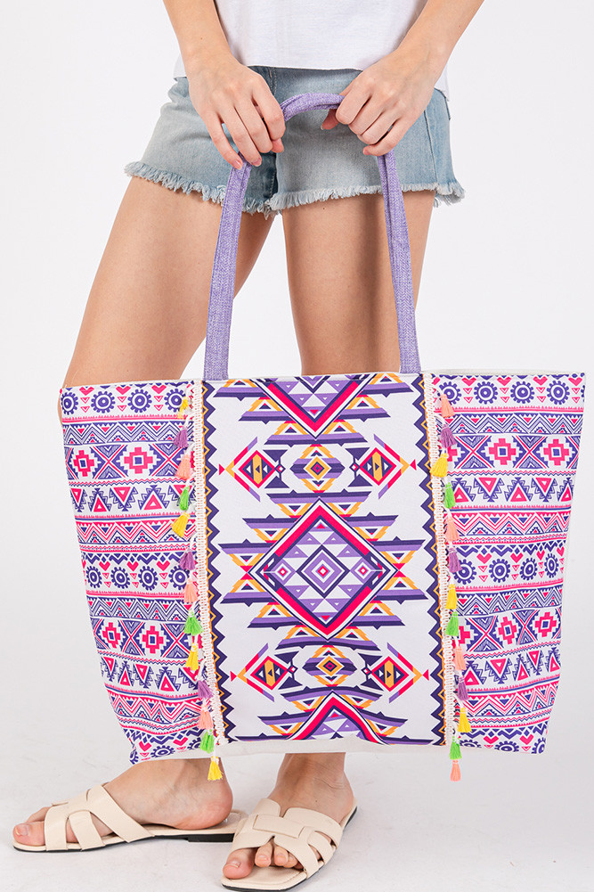 Boho Style Aztec Pattern Tassel Summer Tote Bag-MB0300 - HANA WHOLESALE
