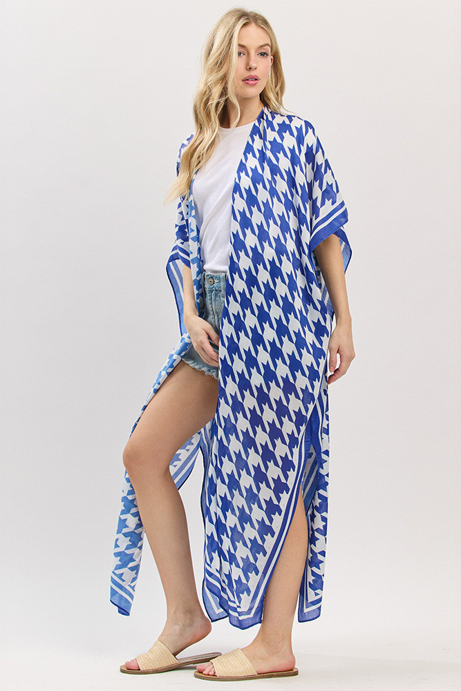 Houndstooth Pattern Open Front Long Kimono-SO15012 - HANA WHOLESALE