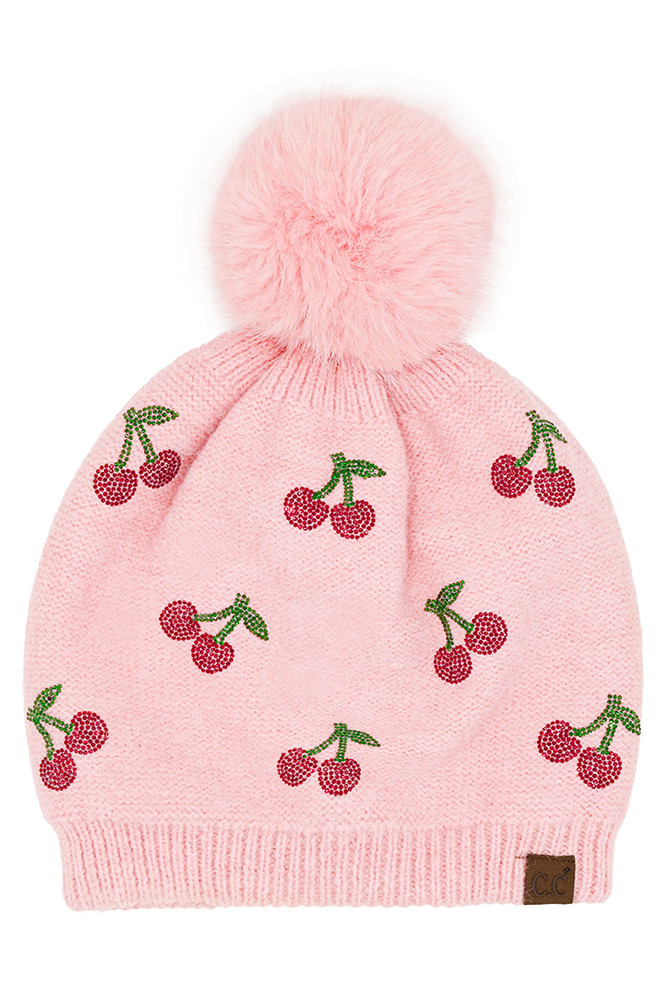 C.C Rhinestone Cherry Pattern Pom Beanie Hat-HTE0170 - HANA WHOLESALE