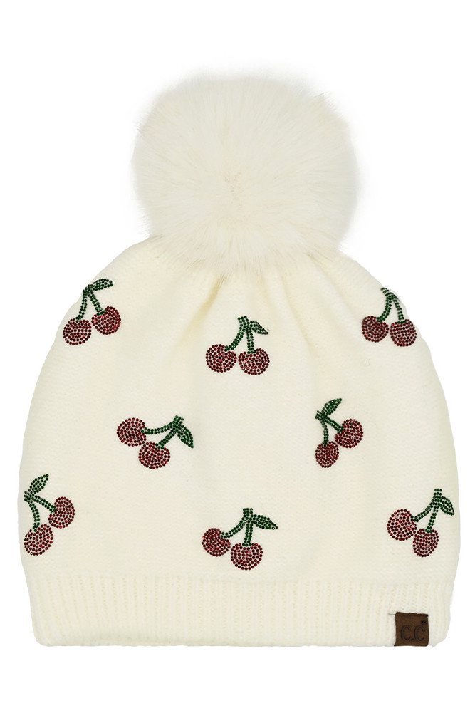C.C Rhinestone Cherry Pattern Pom Beanie Hat-HTE0170 - HANA WHOLESALE
