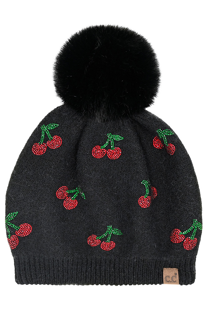 C.C Rhinestone Cherry Pattern Pom Beanie Hat-HTE0170 - HANA WHOLESALE