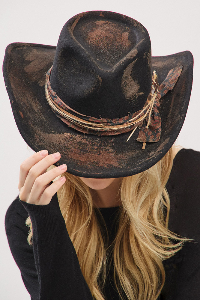 Black & Brown Vintage Inspired Distressed Fabric Band Rustic Western Fedora Hat Black Painted Brown Fedora Hat Fabic and Feather Band  main image 2
