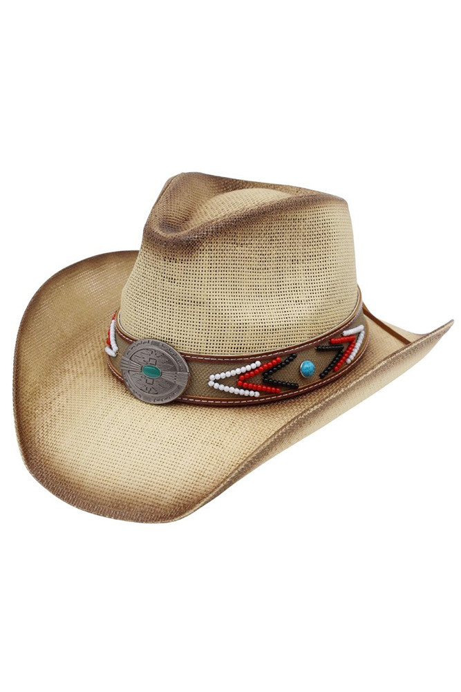 Turquoise Concho Beaded Band Vintage Western Straw CowboyHat  display picture 3