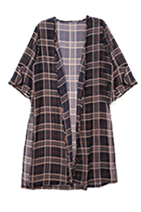 FLORAL SLEEVE PLAID KIMONO-SBK-2134-NAVY