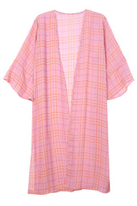 FLORAL SLEEVE PLAID KIMONO-SBK-2134-PINK