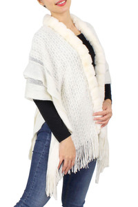 FUR AND RUFFLE KNIT CAPE-ECP10014-IVORY