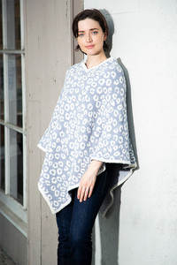 LEOPARD PRINT SOLID TRIM SOFT PONCHO-JCL1003-BLUE