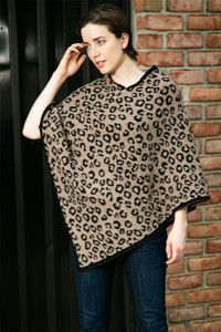 LEOPARD PRINT SOLID TRIM SOFT PONCHO-JCL1003-COFFEE