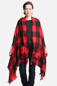 PLAID PATTERN FRINGE RUANA-JP2181-BLACK/RED