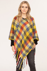 COLOR BLOCK PLAID PONCHO-MS0187-LEMON/NAVY