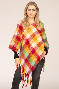 COLOR BLOCK PLAID PONCHO-MS0187-RED/MUSTARD