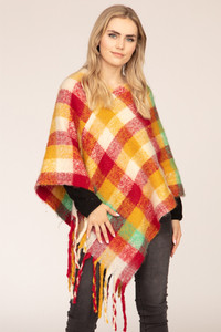 COLOR BLOCK PLAID PONCHO-MS0187-RED/MUSTARD