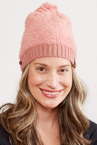 FURRY RIBBED BRIM BUTTON POM HAT-JH262-BLUSH