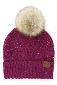 C.C BRIOCHE CABLE PATTERN SEQUIN BEANIE-HAT-2073