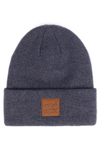 C.C heather knit beanie hat with C.C suede patch