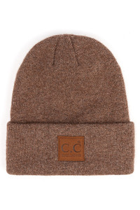C.C heather knit beanie hat with C.C suede patch
