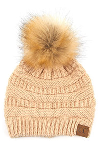 C.C SOLID RIBBED KNIT BEANIE WITH POM-HAT-43