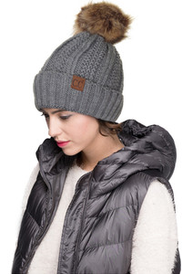 C.C KNIT BEANIE WITH FUZZY LINING AND POM-YJ-820