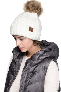 C.C KNIT BEANIE WITH FUZZY LINING AND POM-YJ-820