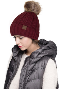 C.C KNIT BEANIE WITH FUZZY LINING AND POM-YJ-820