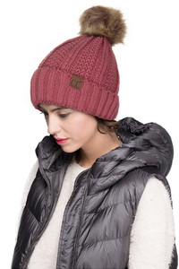C.C KNIT BEANIE WITH FUZZY LINING AND POM-YJ-820