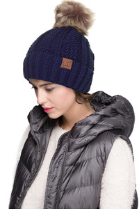 C.C KNIT BEANIE WITH FUZZY LINING AND POM-YJ-820