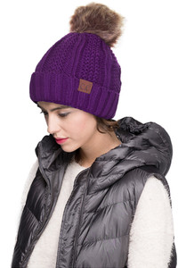 C.C KNIT BEANIE WITH FUZZY LINING AND POM-YJ-820