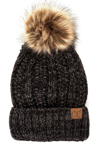 C.C FUZZY FLEECE LINING KNIT HAT WITH POM-YJ-820 MIX