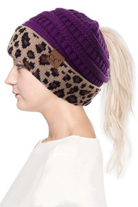 C.C Knitted Mesh Beanie with Leopard Cuff
