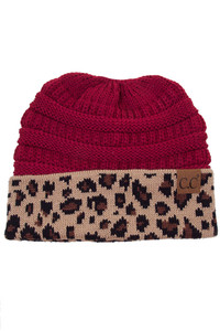 C.C Knitted Mesh Beanie with Leopard Cuff
