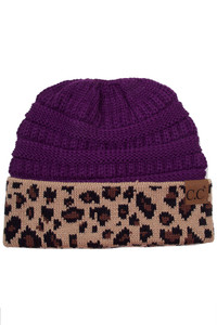 C.C Knitted Mesh Beanie with Leopard Cuff
