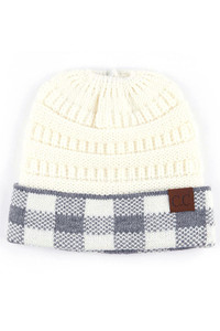 C.C BUFFALO CHECK MESSY BUN PONYTAIL BEANIE-MB-82