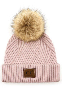 C.C HEATHER BEANIE WITH POM AND SUEDE PATCH -HAT-2060