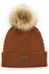 C.C HEATHER BEANIE WITH POM AND SUEDE PATCH -HAT-2060