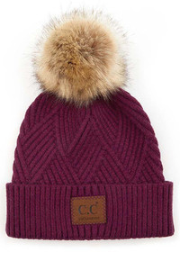 C.C HEATHER BEANIE WITH POM AND SUEDE PATCH -HAT-2060