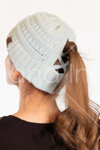 C.C CRISS CROSS PONYTAIL KNIT BEANIE-CCB-1