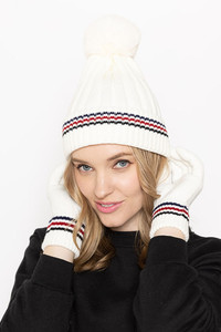 Stripe Rib Super Soft Cuff Beanie with Faux Fur Pom-YCB120049